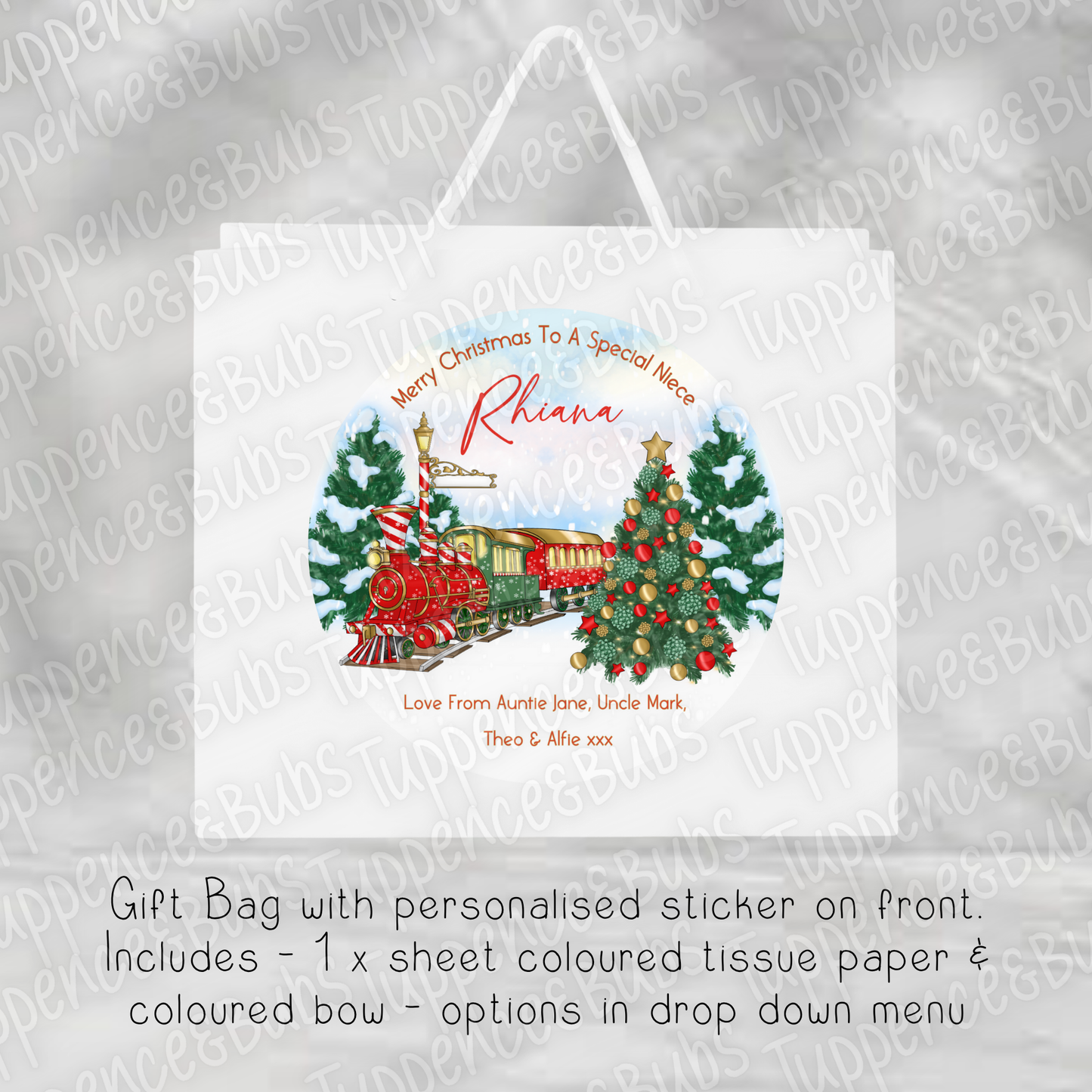 Red, Green & Gold Train Themed Gift Bag