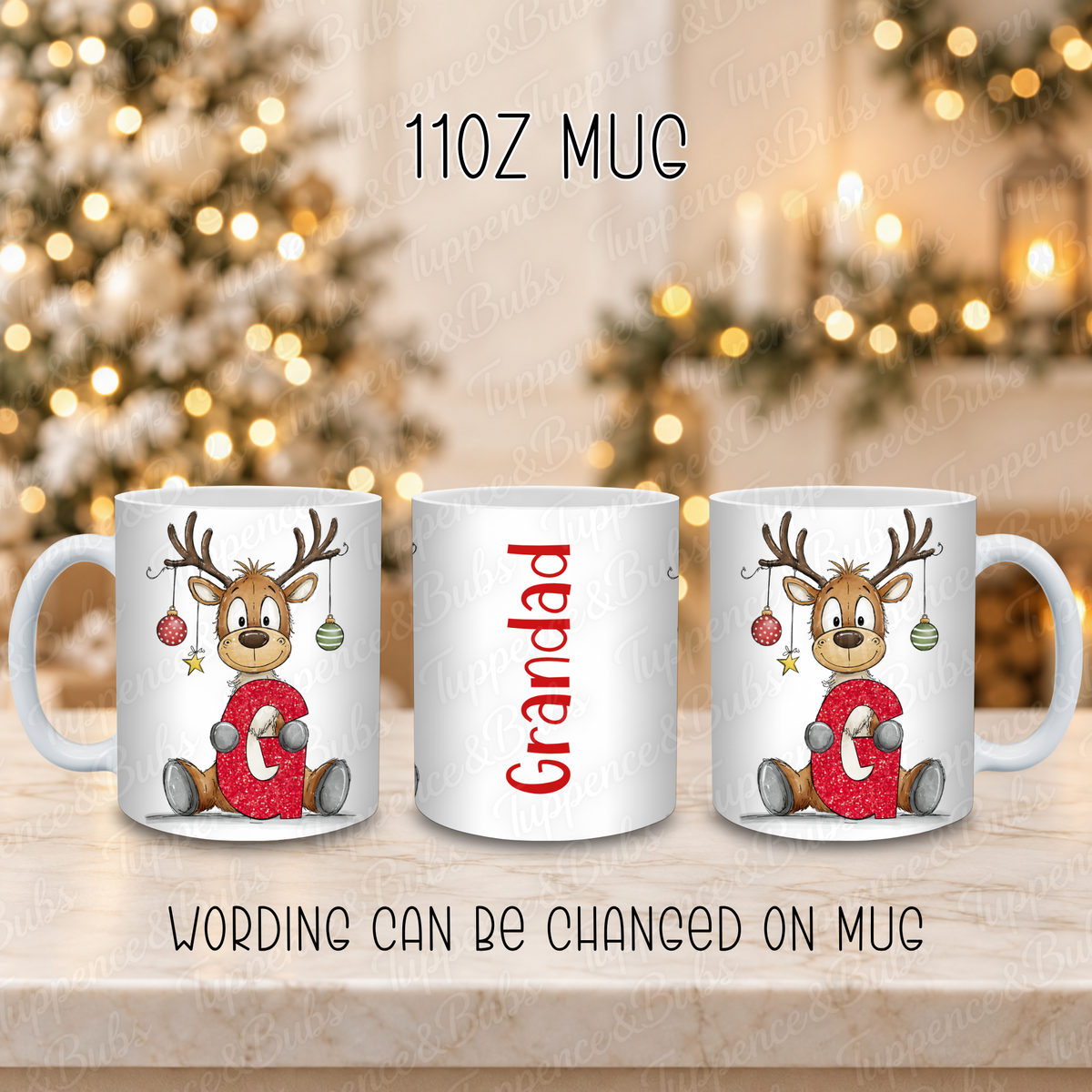 Personalised Christmas Reindeer Initial and Name Mug