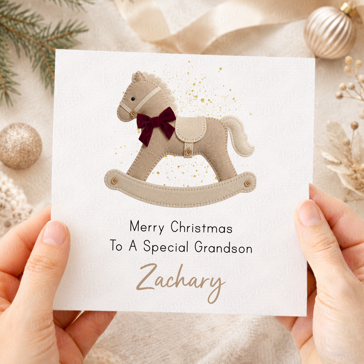 Personalised Christmas Rocking Horse Card – Bow Design