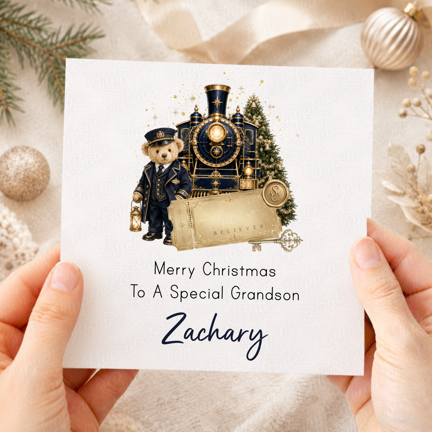 Personalised Christmas Train Card – Train Conductor & Golden Ticket Christmas Card