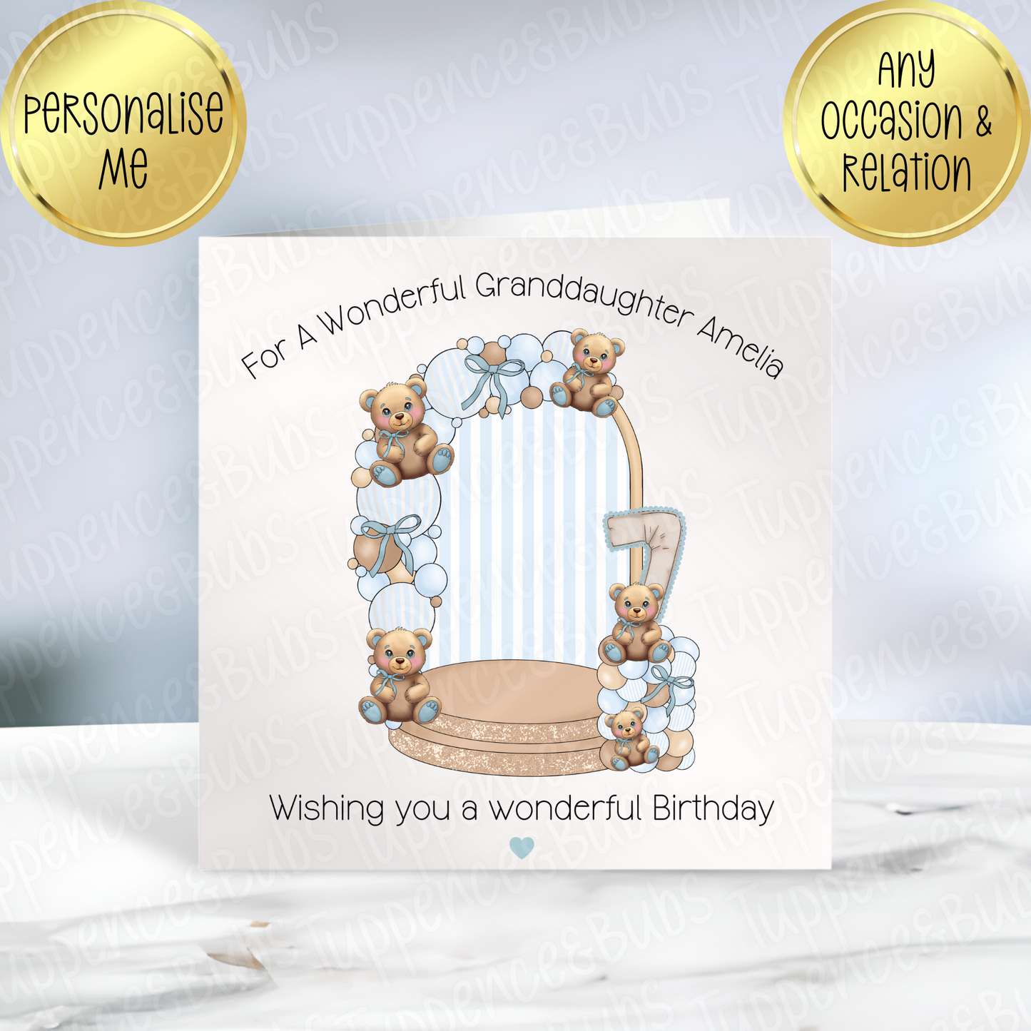 Blue Bear Stage & Balloon Themed Birthday Card