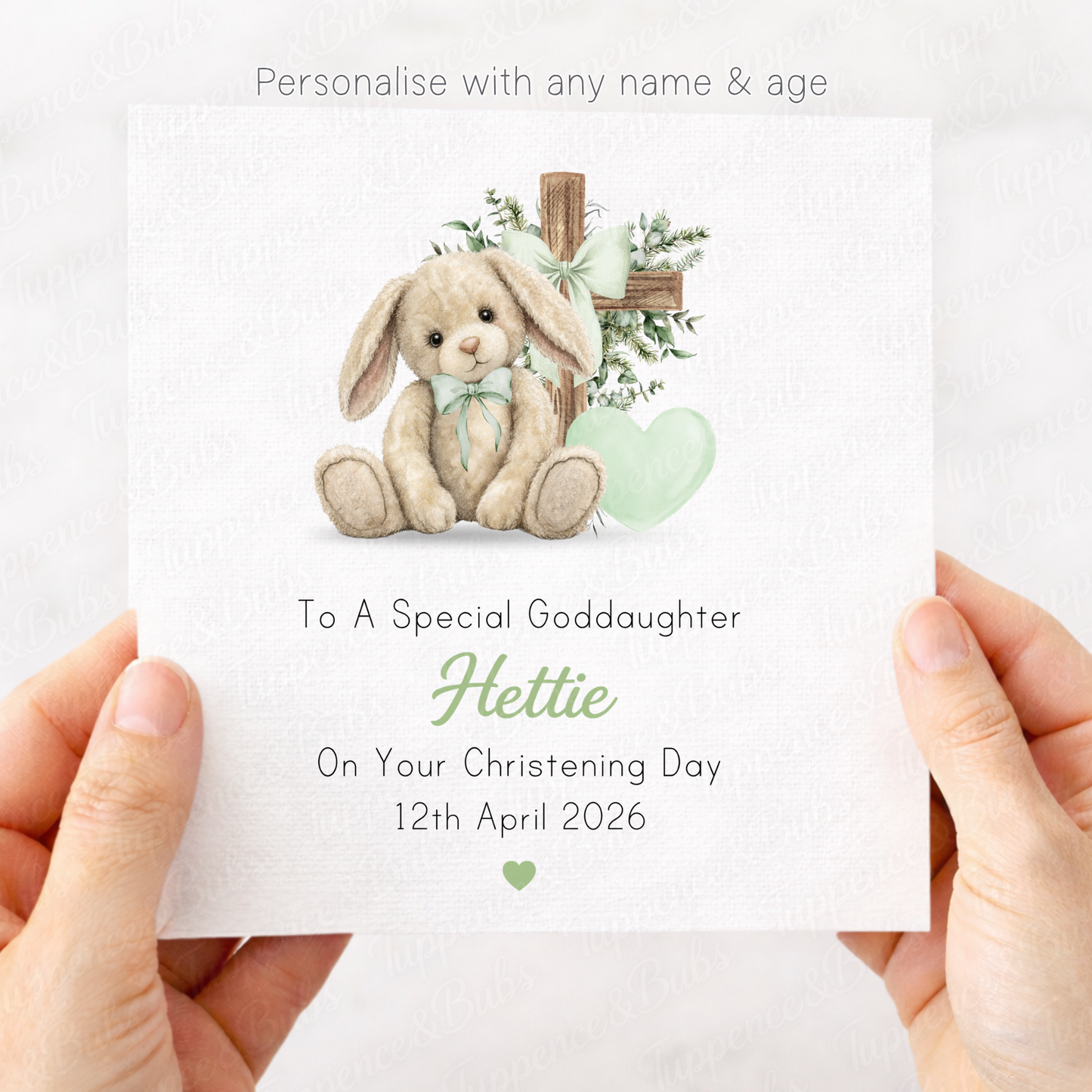 Sage Green Bunny Christening Card