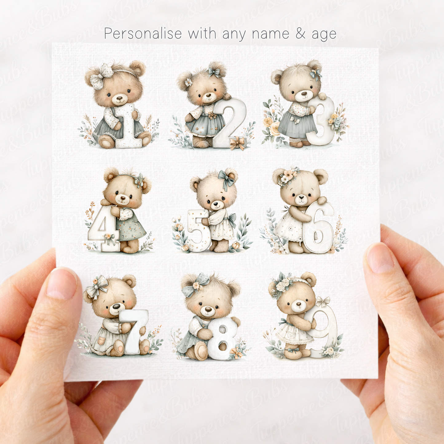 Little Girl Bear Floral Age Card