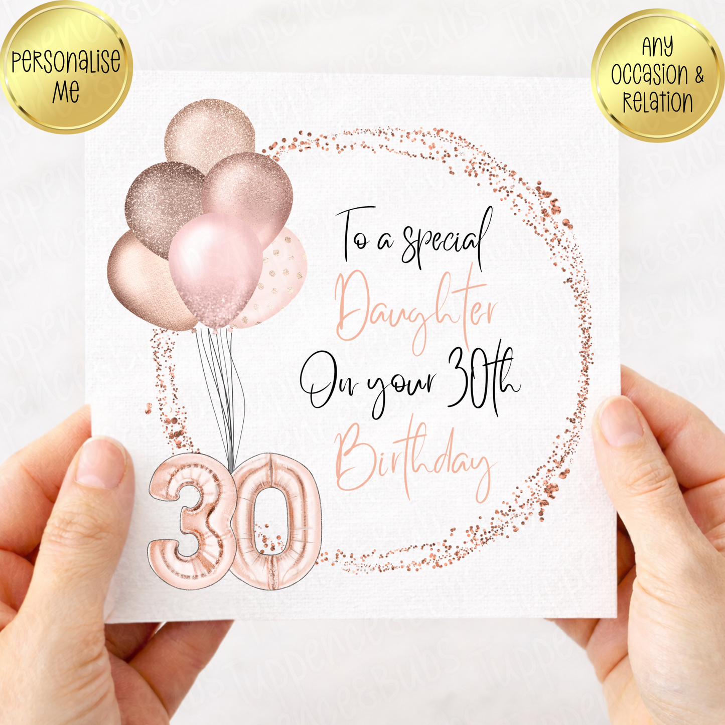 Rose Gold Balloon Birthday Card - Any Age - Rose Gold Bow Attached
