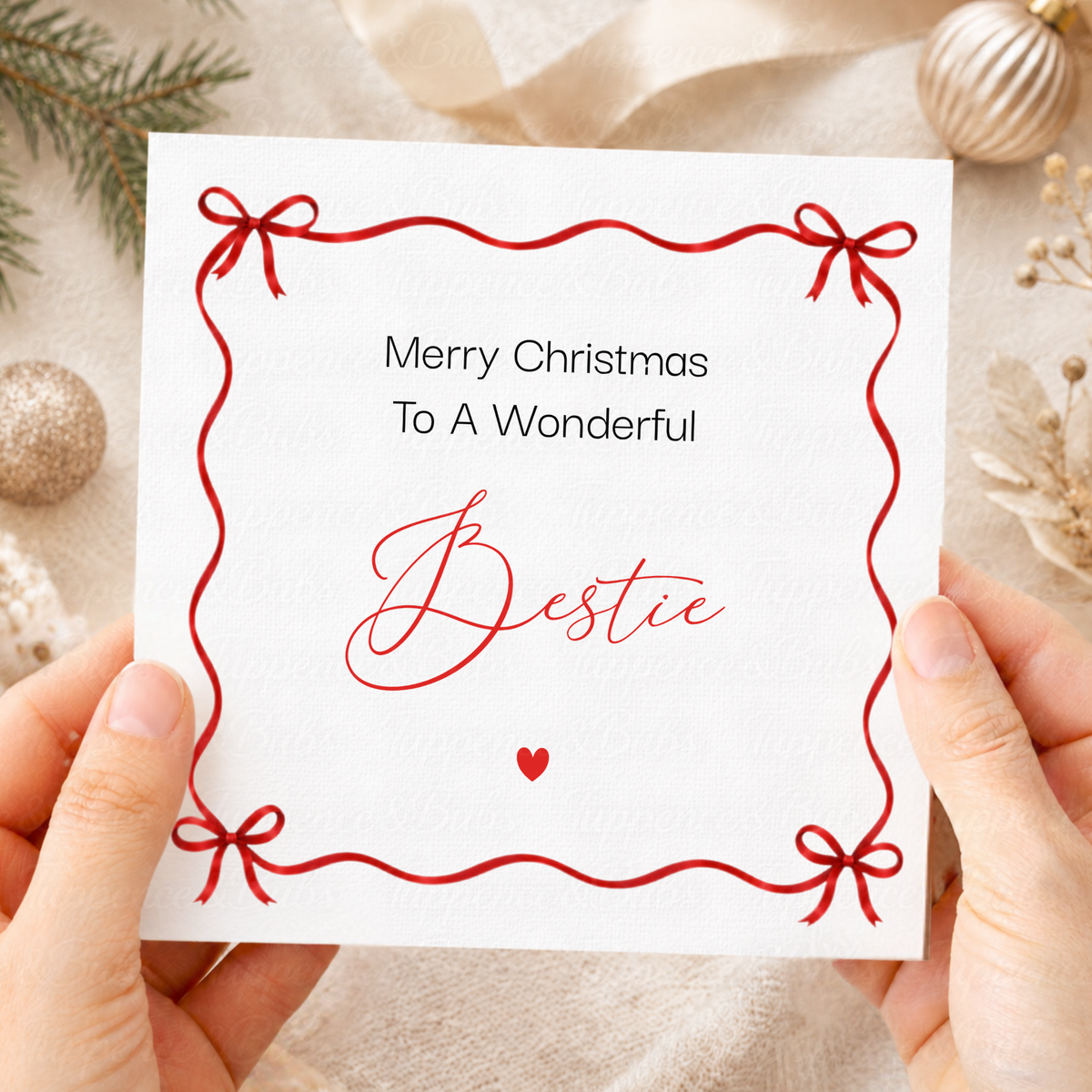 Personalised Red Bow Christmas Card – Any Name or Relation
