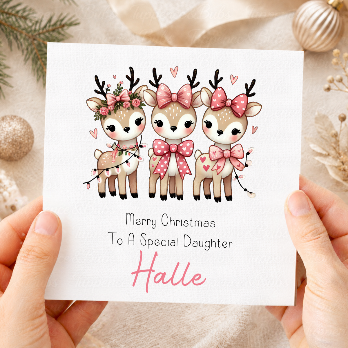 Personalised Pink Reindeer Christmas Card
