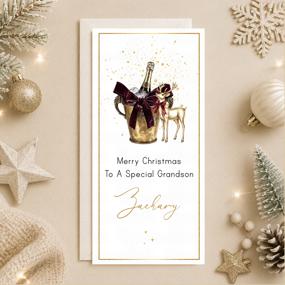 Personalised Luxury Champagne Reindeer Christmas Money Card
