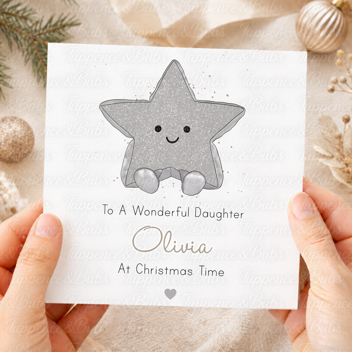 Personalised Daughter Christmas Card – Cute Silver Star Plushie Design