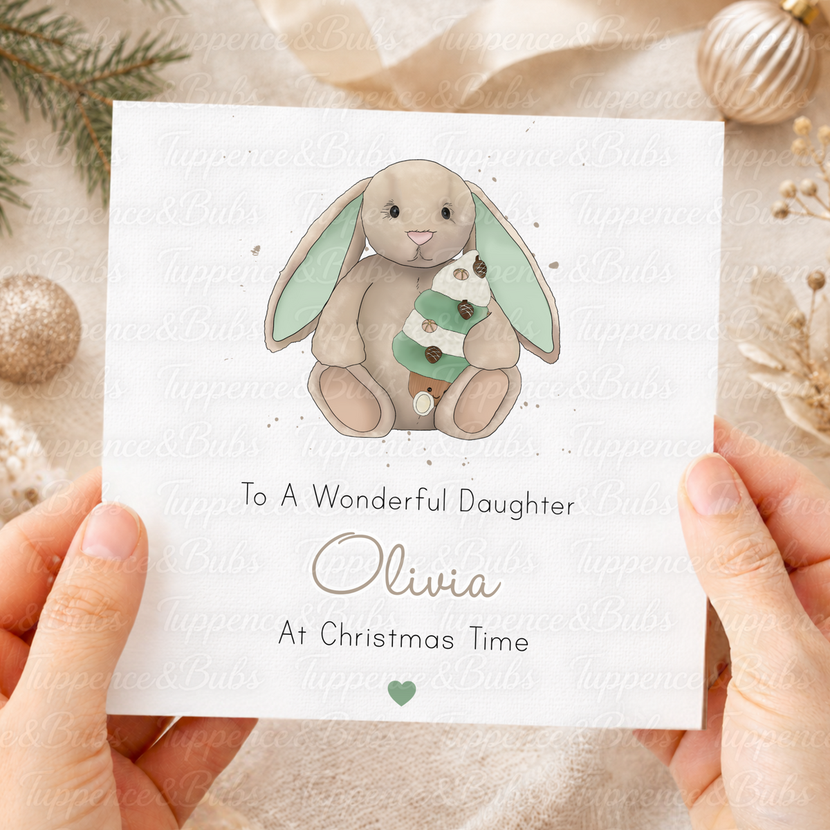 Personalised Christmas Card – Cute Bunny Rabbit Plushie with Christmas Tree