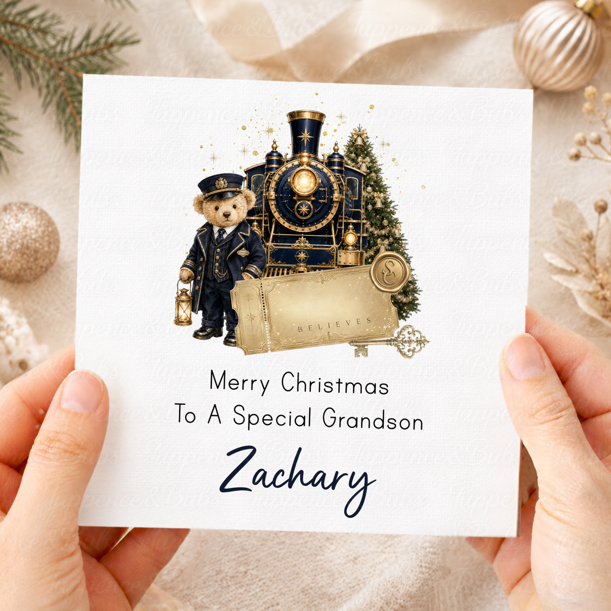 Personalised Teddy Bear Train Christmas Card
