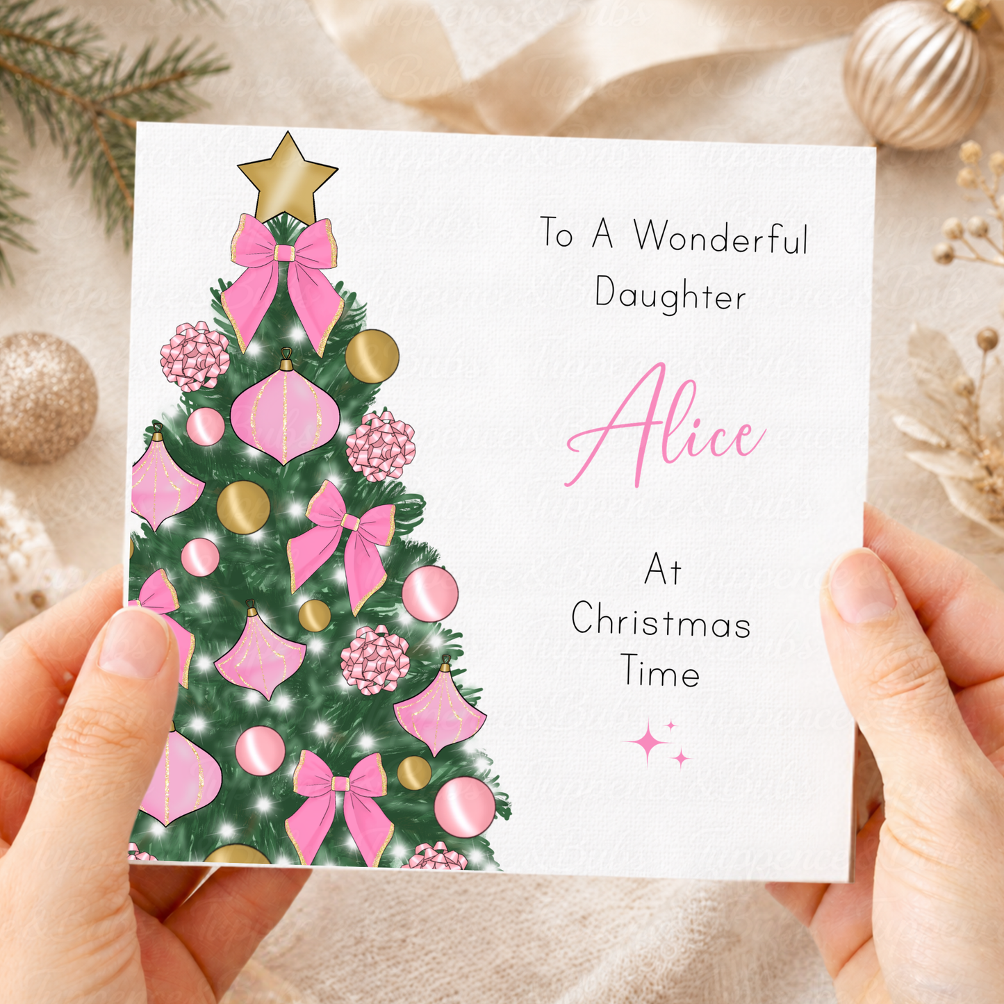 Personalised Pink Bow Christmas Card