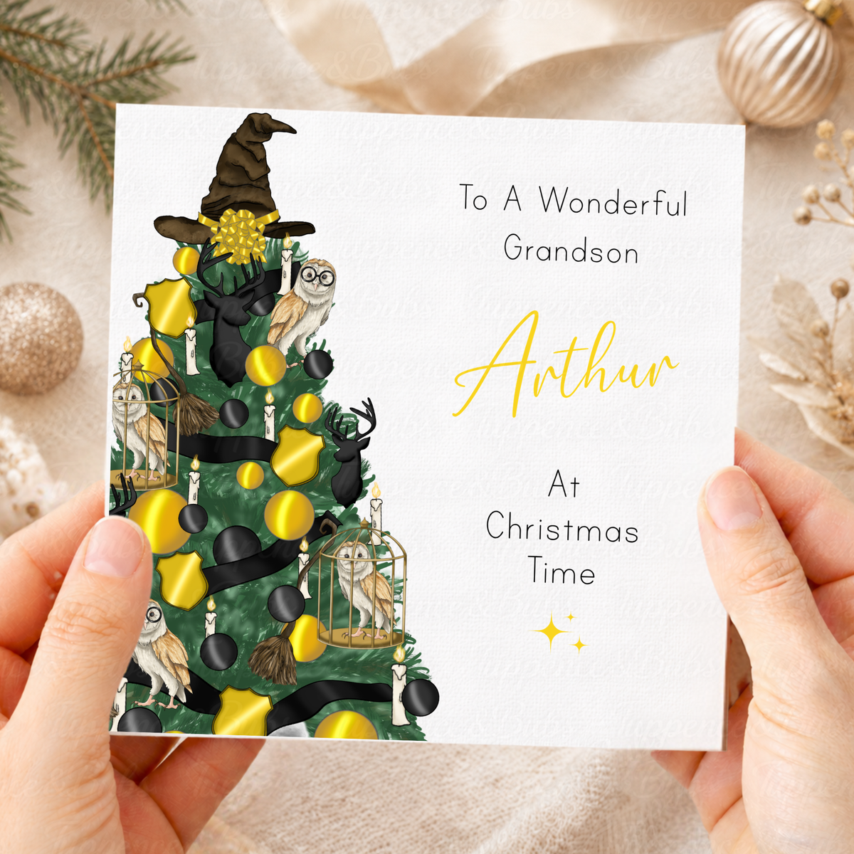 Personalised Christmas Card – Magical Wizard Tree & Owl Designs