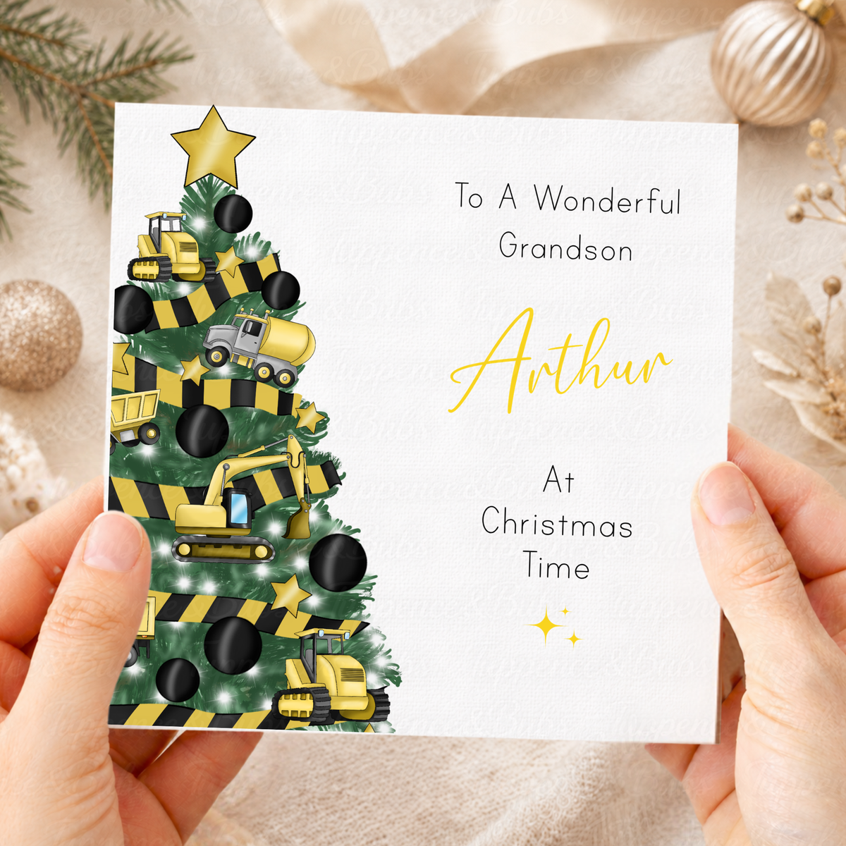 Personalised Christmas Card – Construction Diggers & Trucks Festive Tree