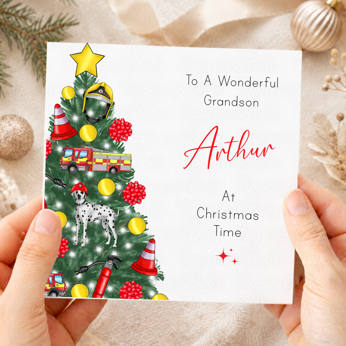 Personalised Christmas Card – Fire Engine & Dalmatian Festive Tree