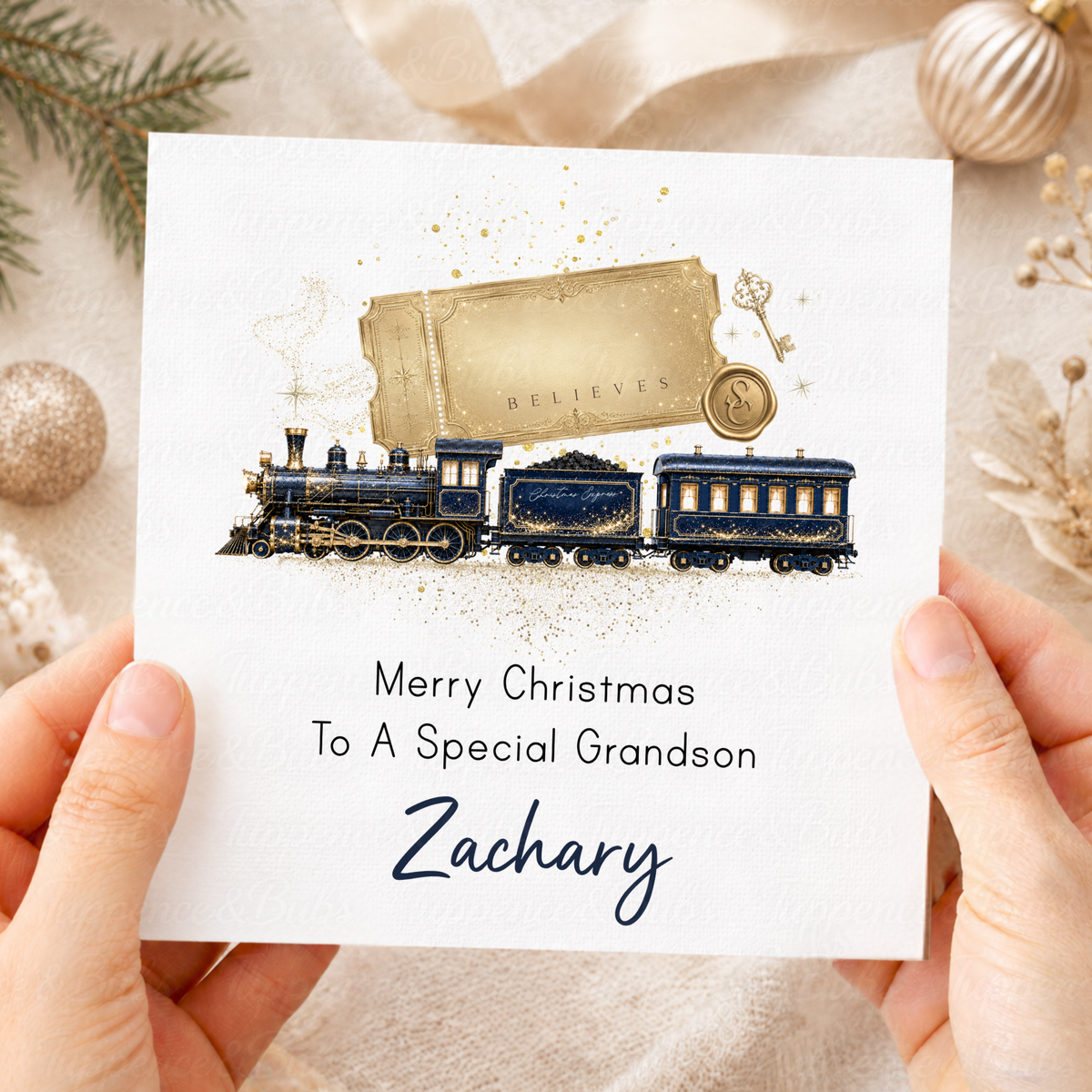 Personalised Navy Christmas Train Card