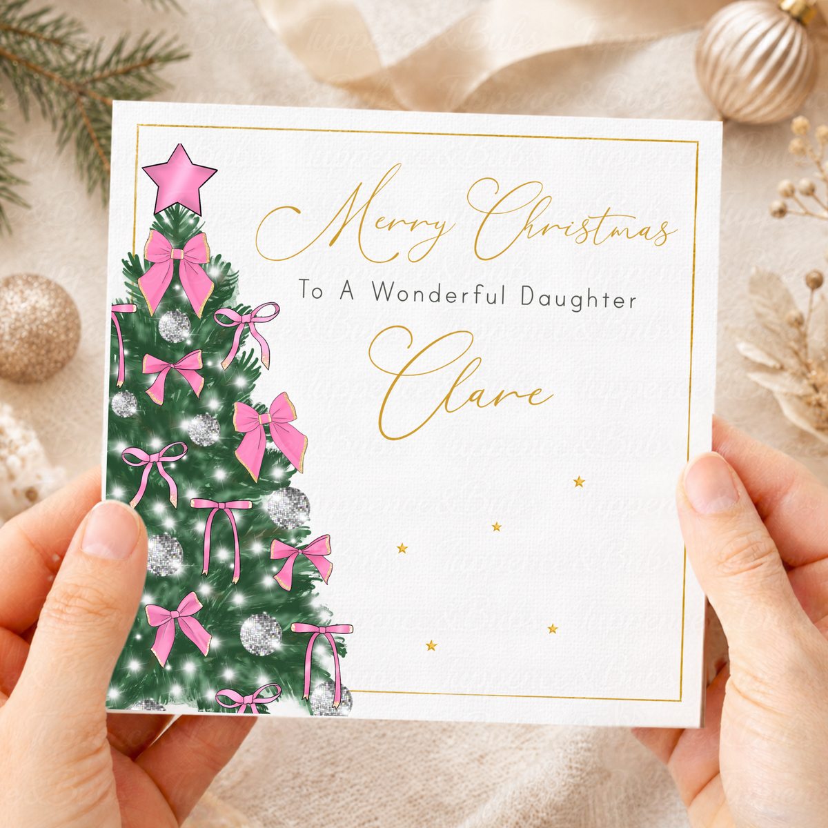 Elegant Christmas Card – Pink Satin Bows & Silver Disco Bauble Tree
