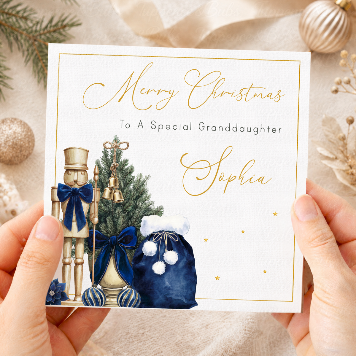 Personalised Christmas Card – Navy Blue & Gold Nutcracker Design
