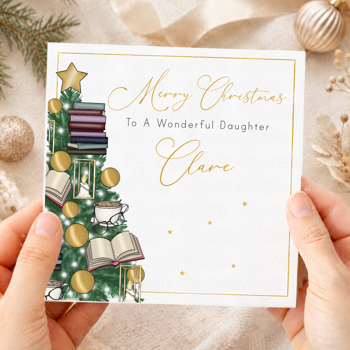 Personalised Book Lover Christmas Card – Elegant Gold Festive Book Tree Design