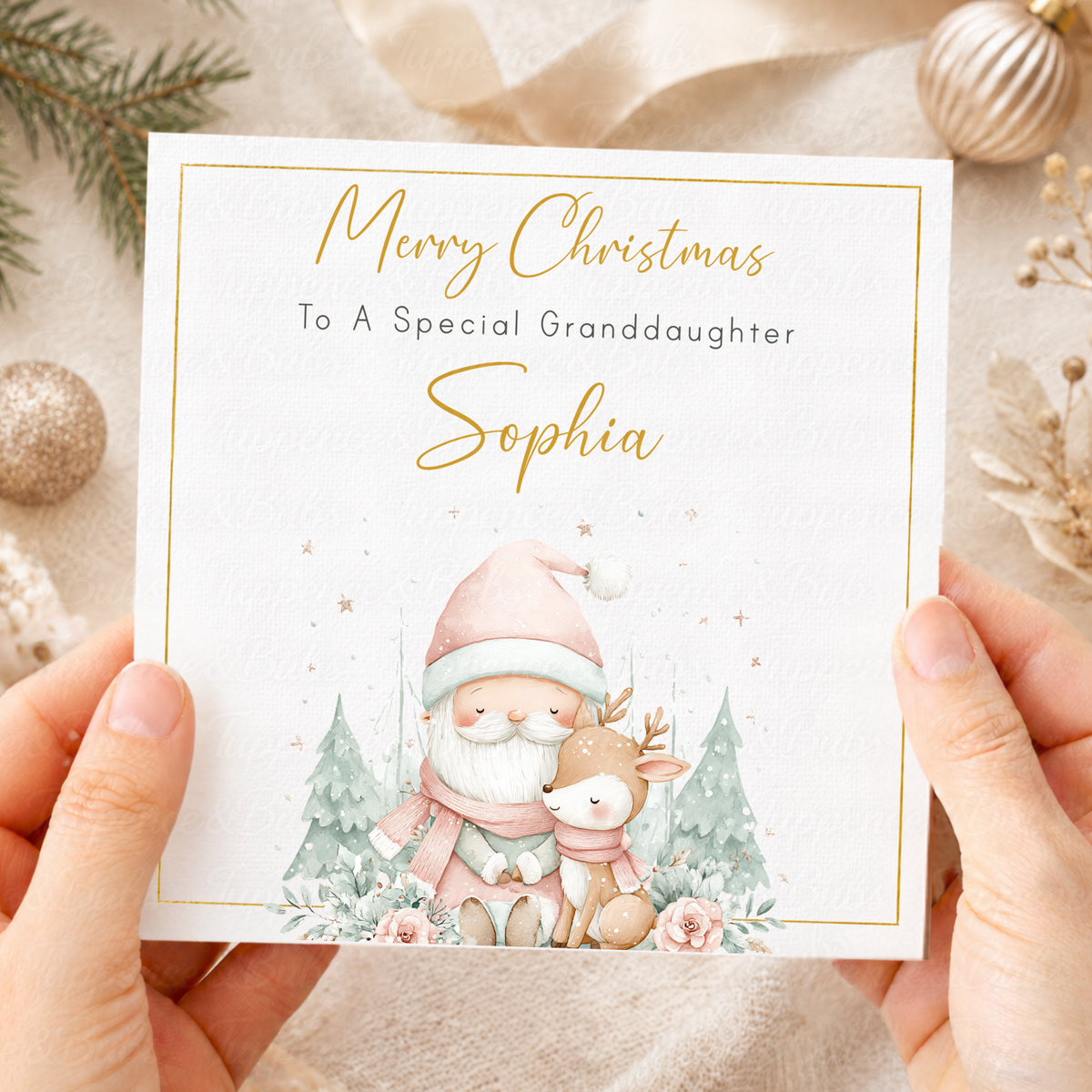 Personalised Christmas Card – Pastel Pink Santa & Baby Reindeer Design