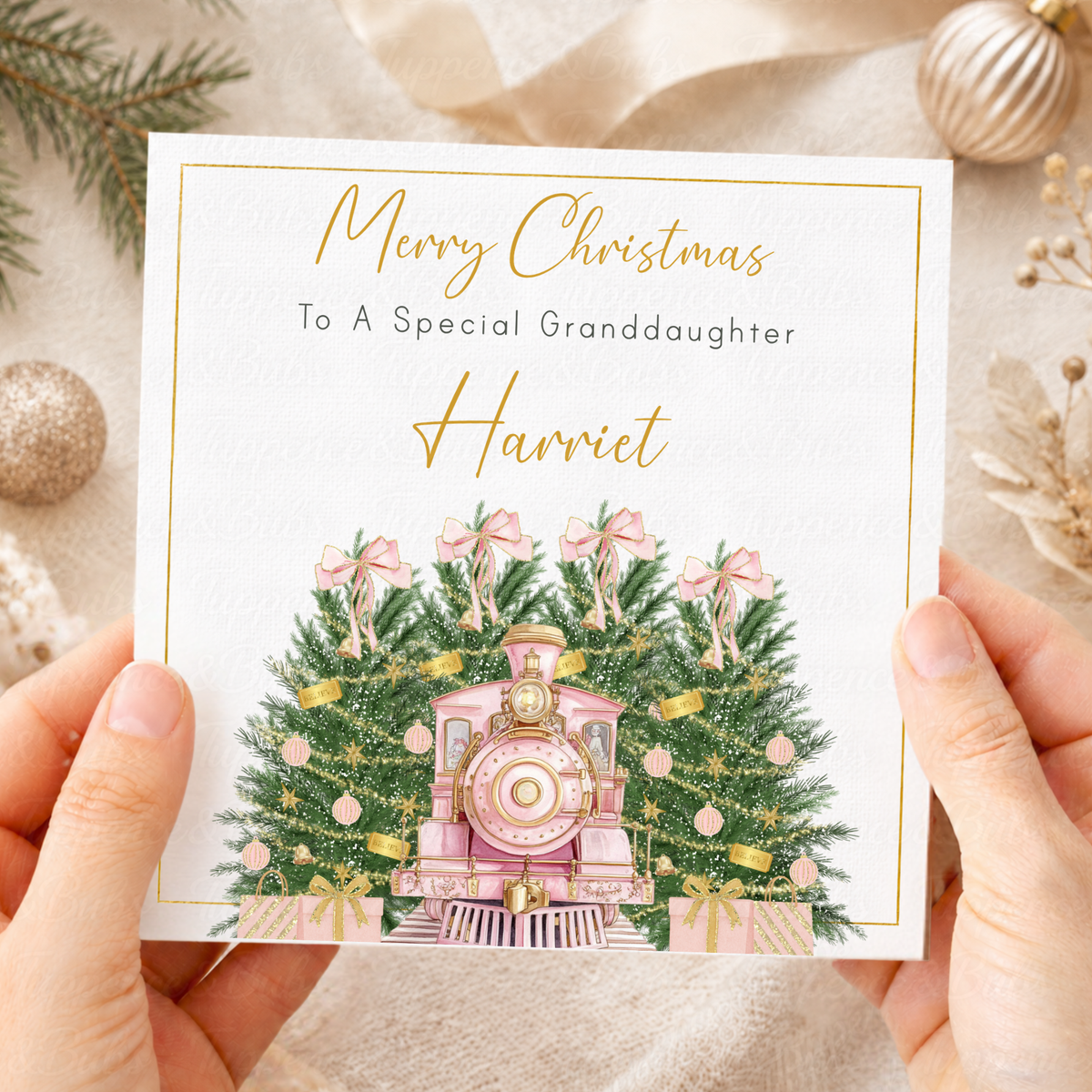 Personalised Christmas Card – Pink or Navy Blue Steam Train & Festive Trees