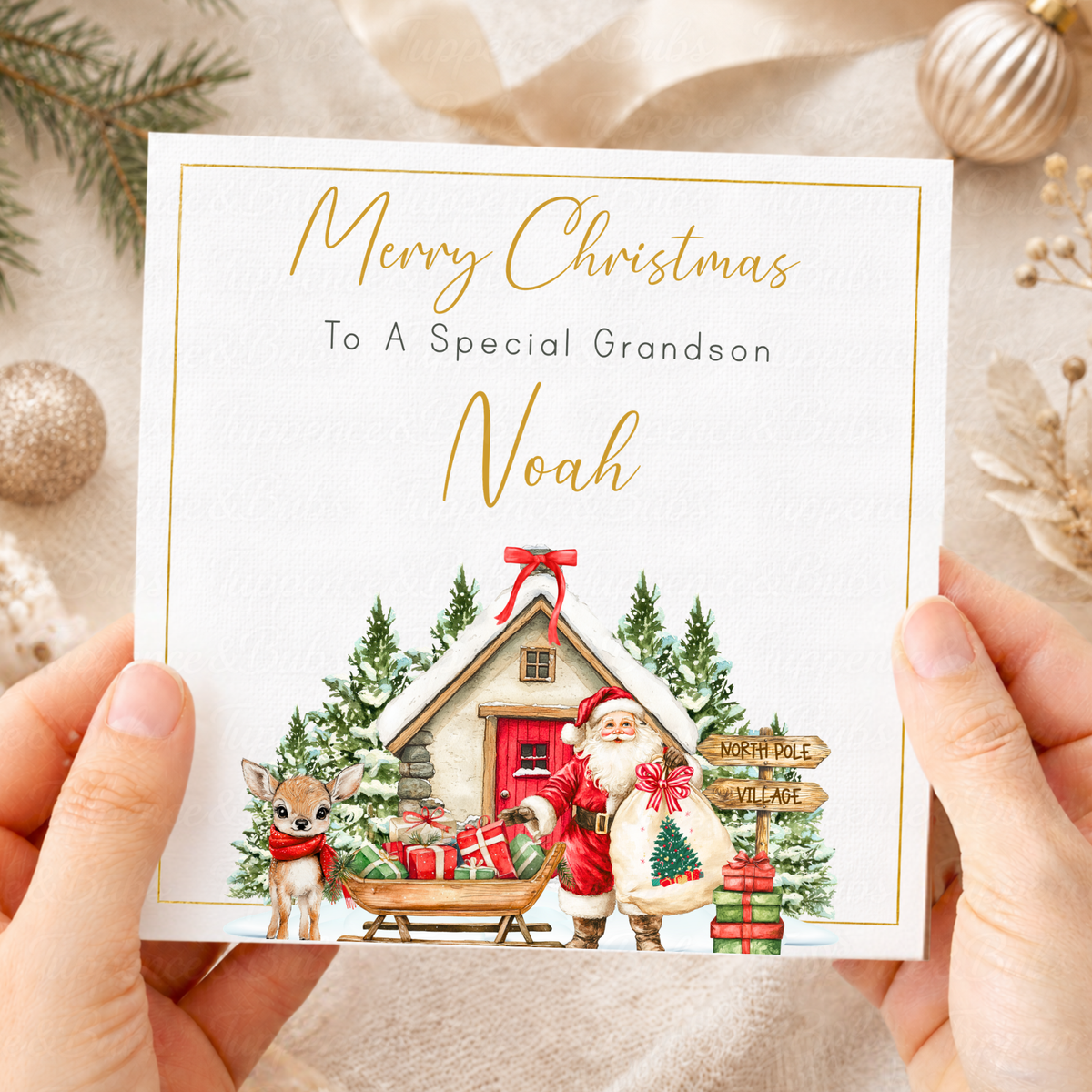 Personalised Christmas Card – Santa & Reindeer at North Pole Village