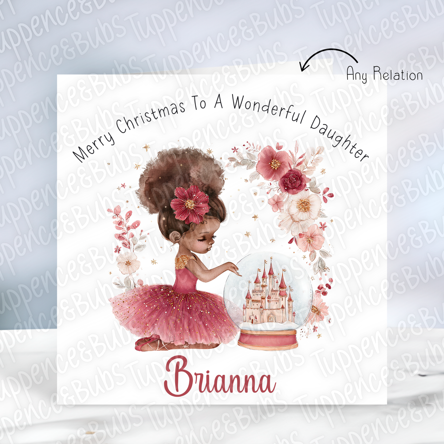 Floral Burgundy Ballerina Christmas Card - 5 Hair Colours