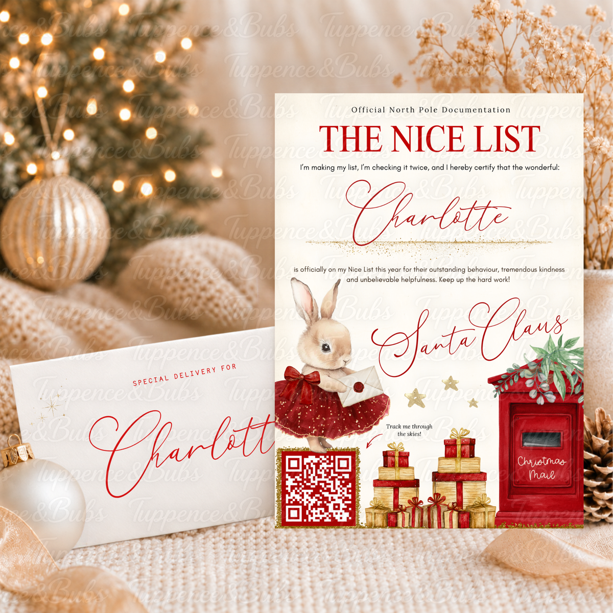 Personalised Santa Nice List Certificate & Envelope – Christmas Bunny