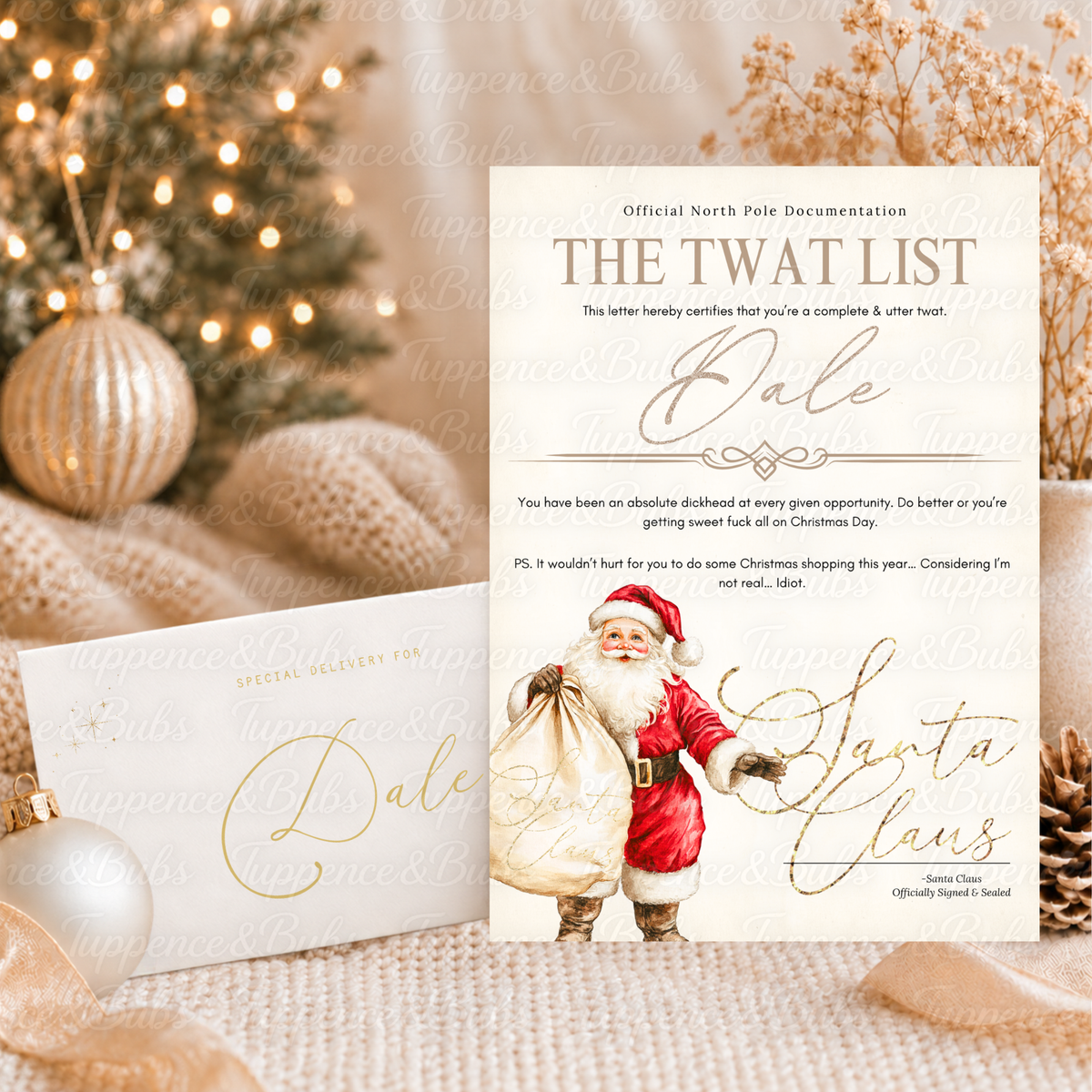 Personalised Twat List Letter From Santa & Envelope – Funny Adult Christmas Gift