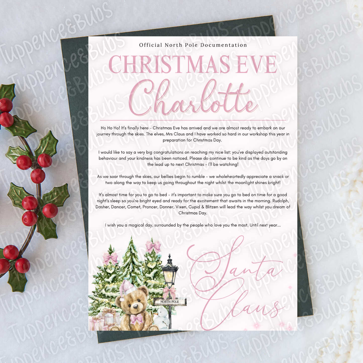 Pink Bear Christmas Eve Letter - Personalised