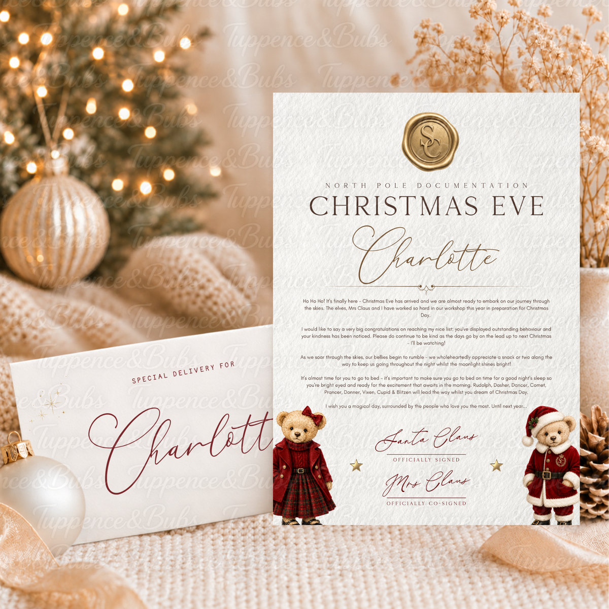 Personalised Christmas Eve Letter & Envelope – Santa & Mrs Claus Bears
