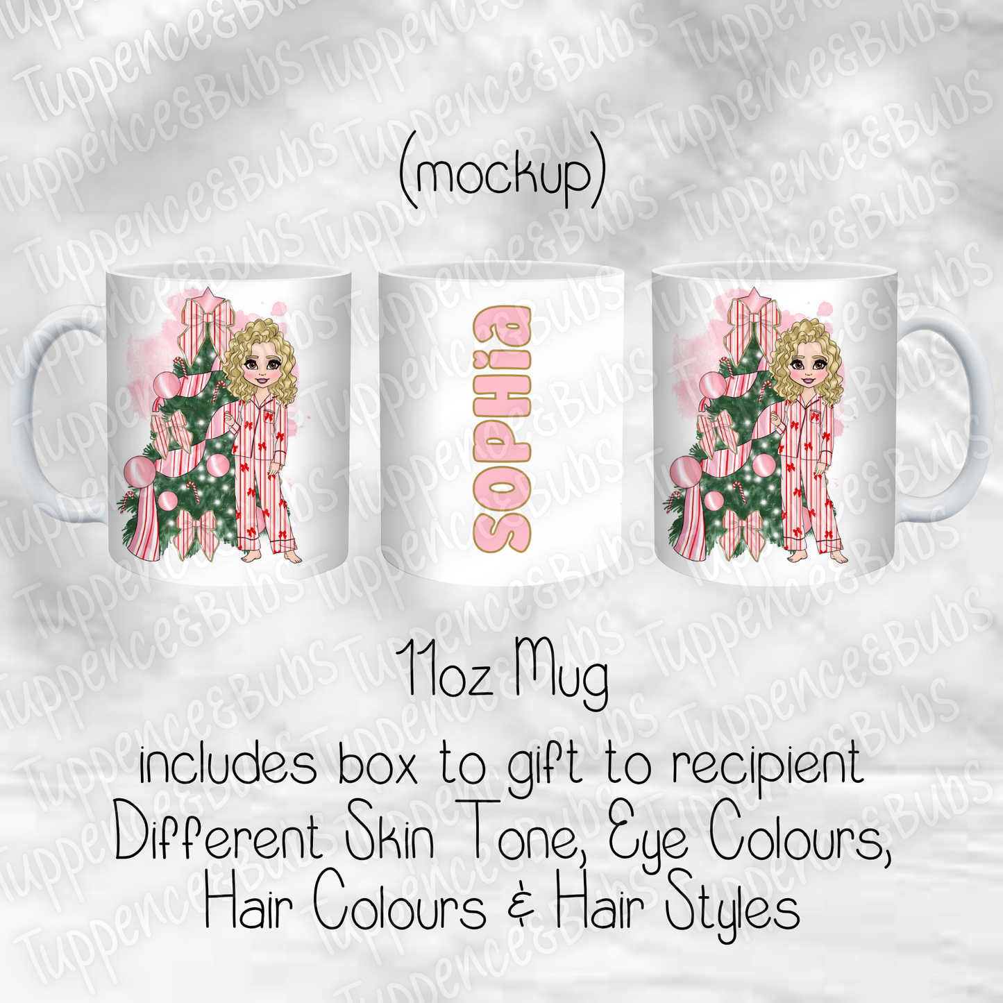 Red Bow Pink Stripe Christmas Mug - 2 Designs