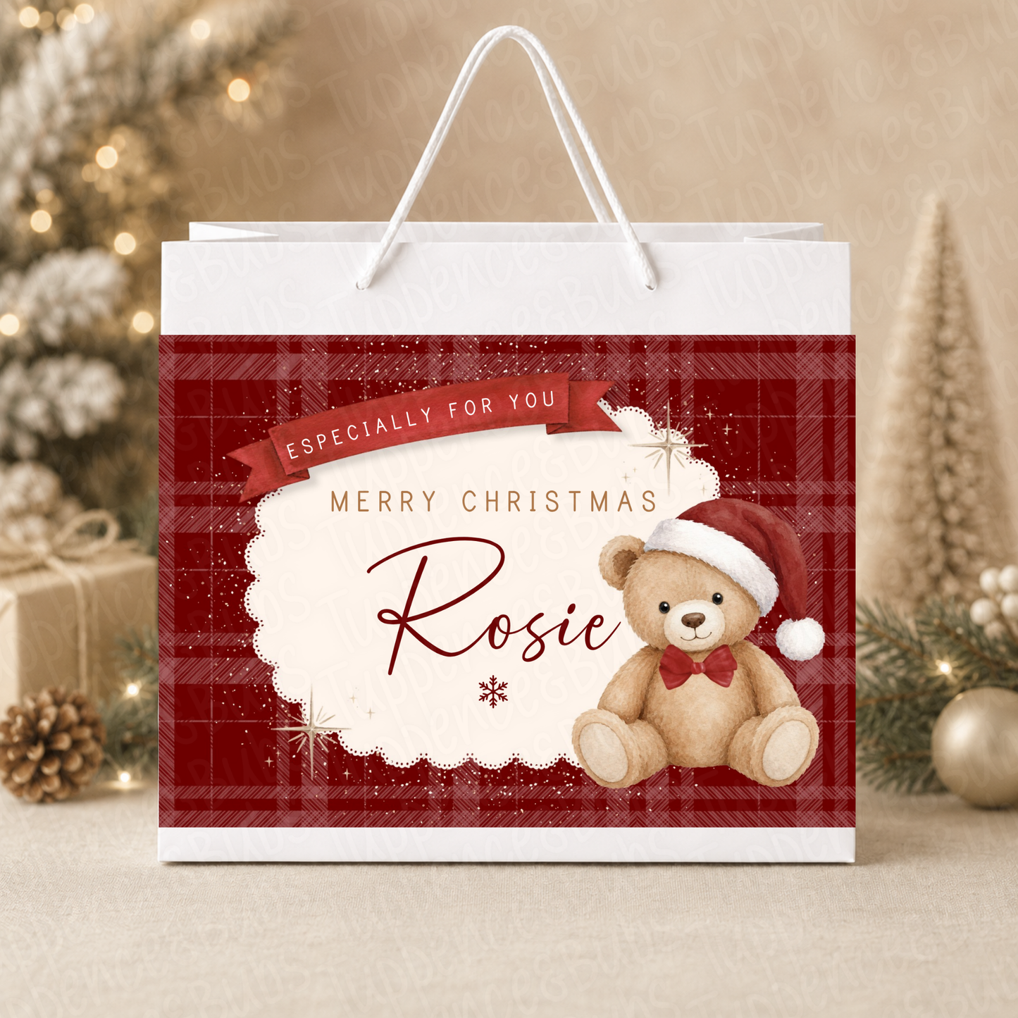 Personalised 30cm Teddy Bear Tartan Christmas Gift Bag
