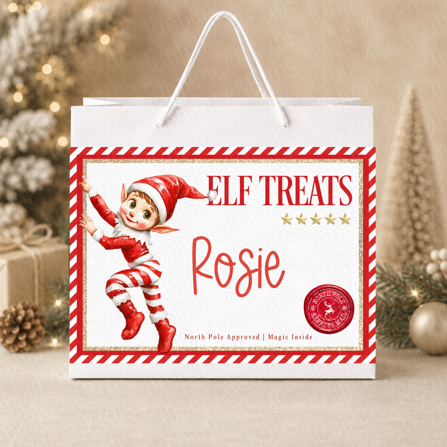 Personalised 30cm Elf Treats Christmas Gift Bag