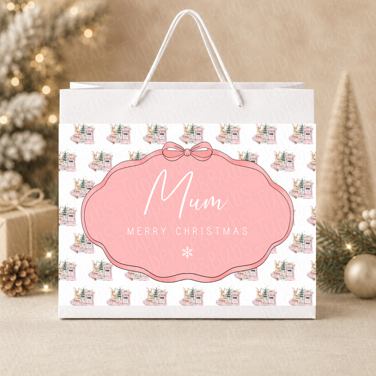 Personalised 30cm Pink or Blue Bunny Christmas Gift Bag Shopify short description: