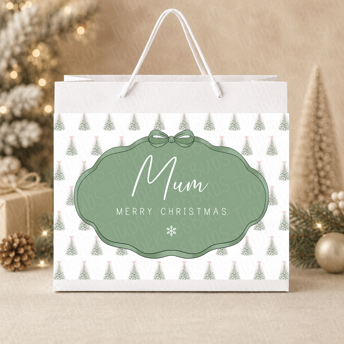 Personalised 30cm Sage Green Christmas Tree Gift Bag