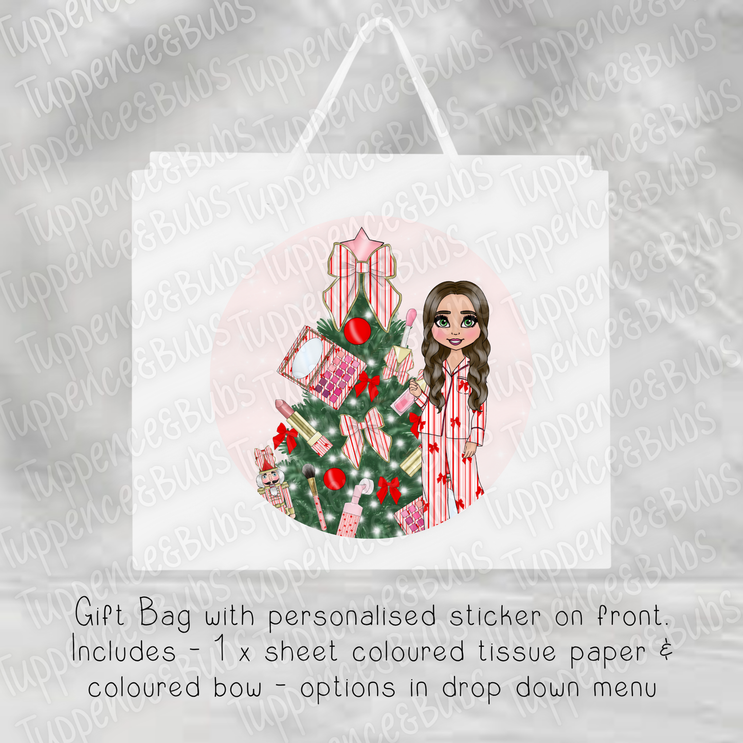 Pink Stripe PJ's Red Bow Gift Bag - Christmas - 2 sizes