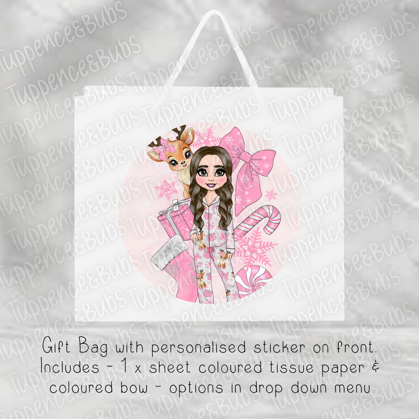 Pink Reindeer Themed Gift Bag - 2 Sizes