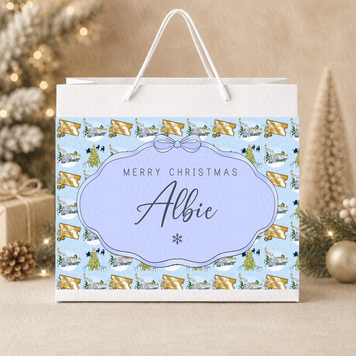Personalised Blue Christmas Train Believe Gift Bag