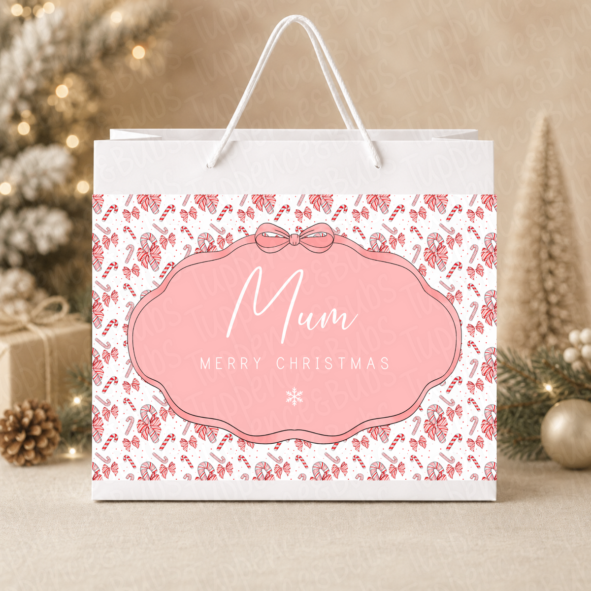 Personalised Pink Candy Cane Christmas Gift Bag