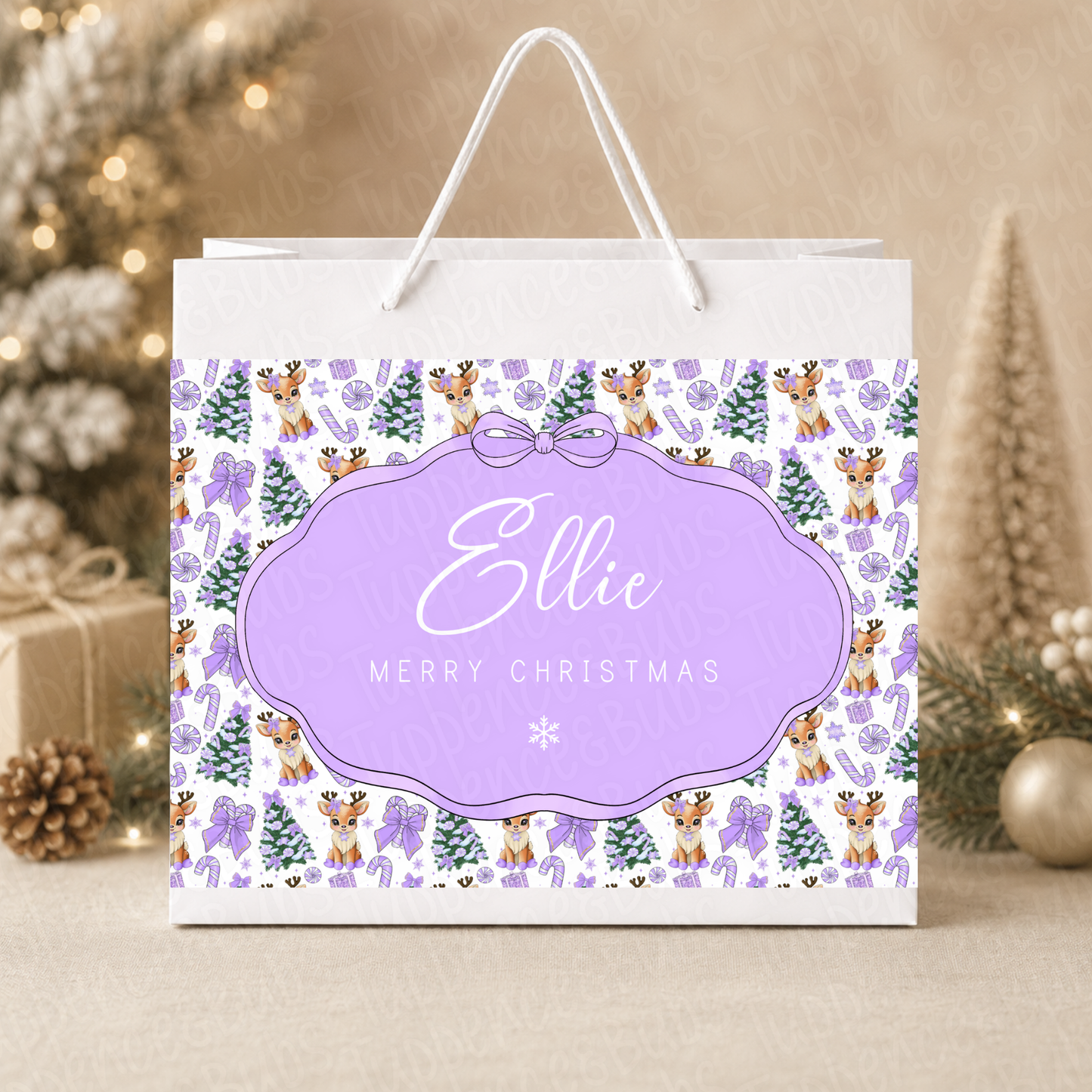 Personalised Lilac Reindeer Christmas Gift Bag