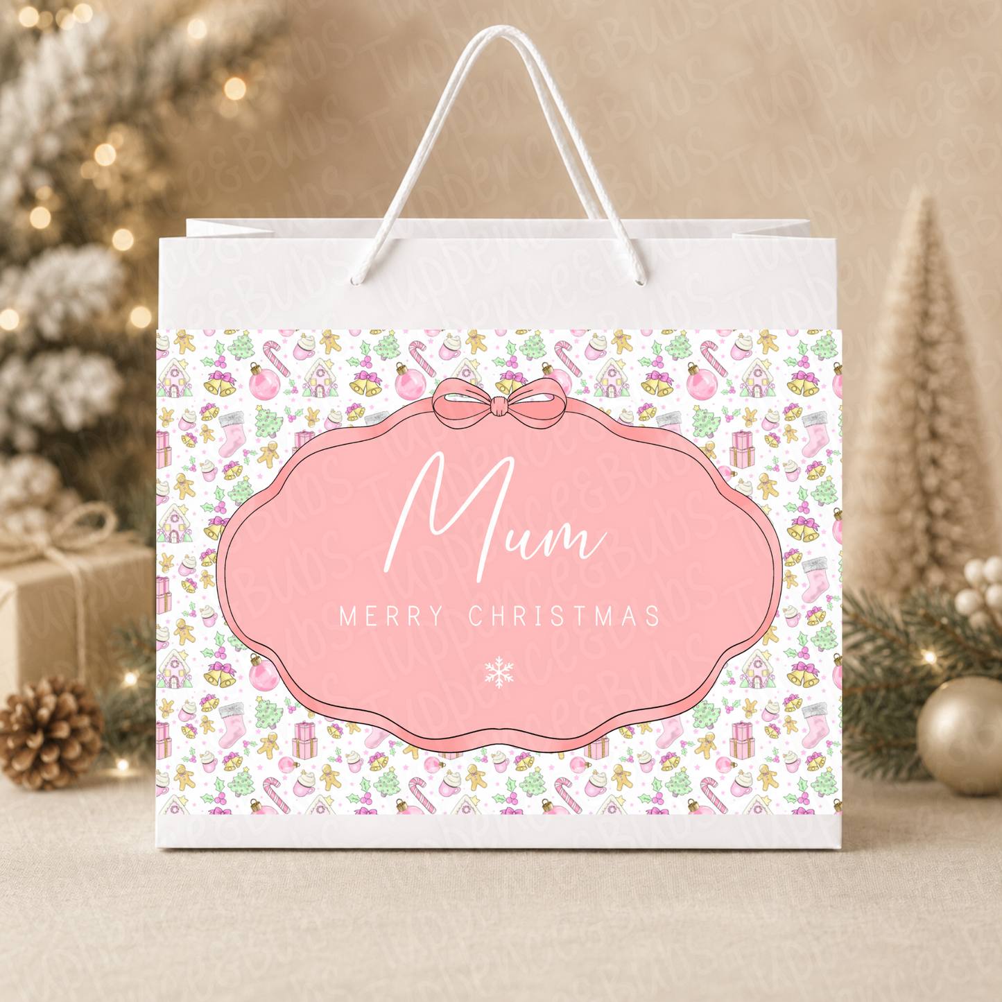 Personalised Pink Gingerbread Christmas Gift Bag