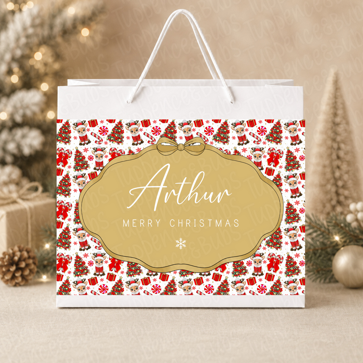 Personalised Red Reindeer Christmas Gift Bag