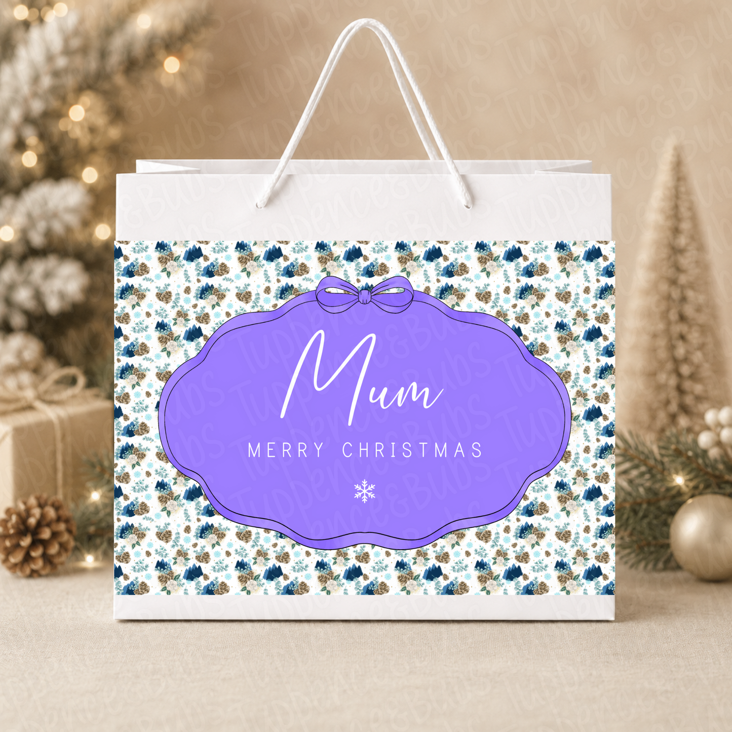 Personalised Blue Winter Floral Christmas Gift Bag