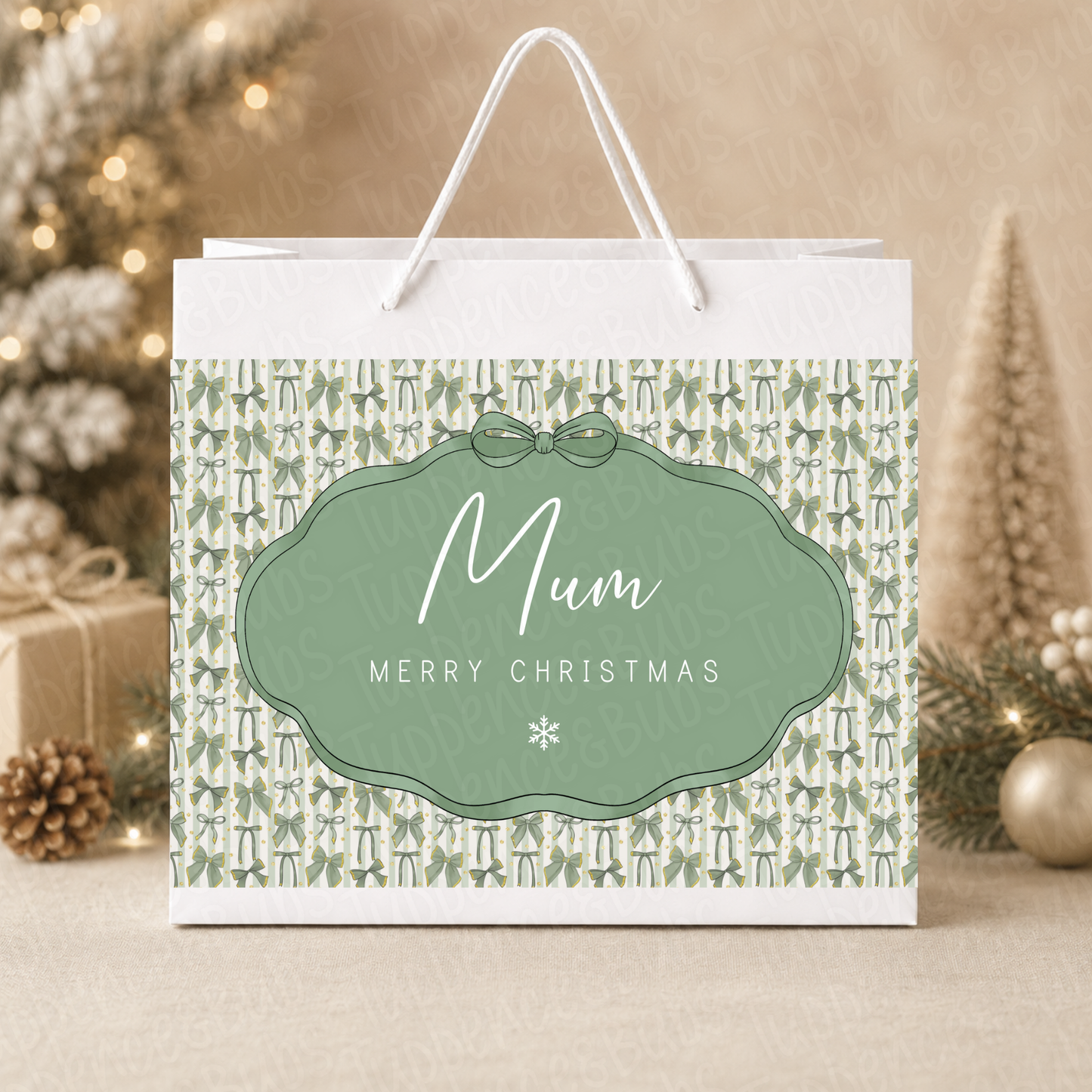 Personalised Sage Bow Christmas Gift Bag