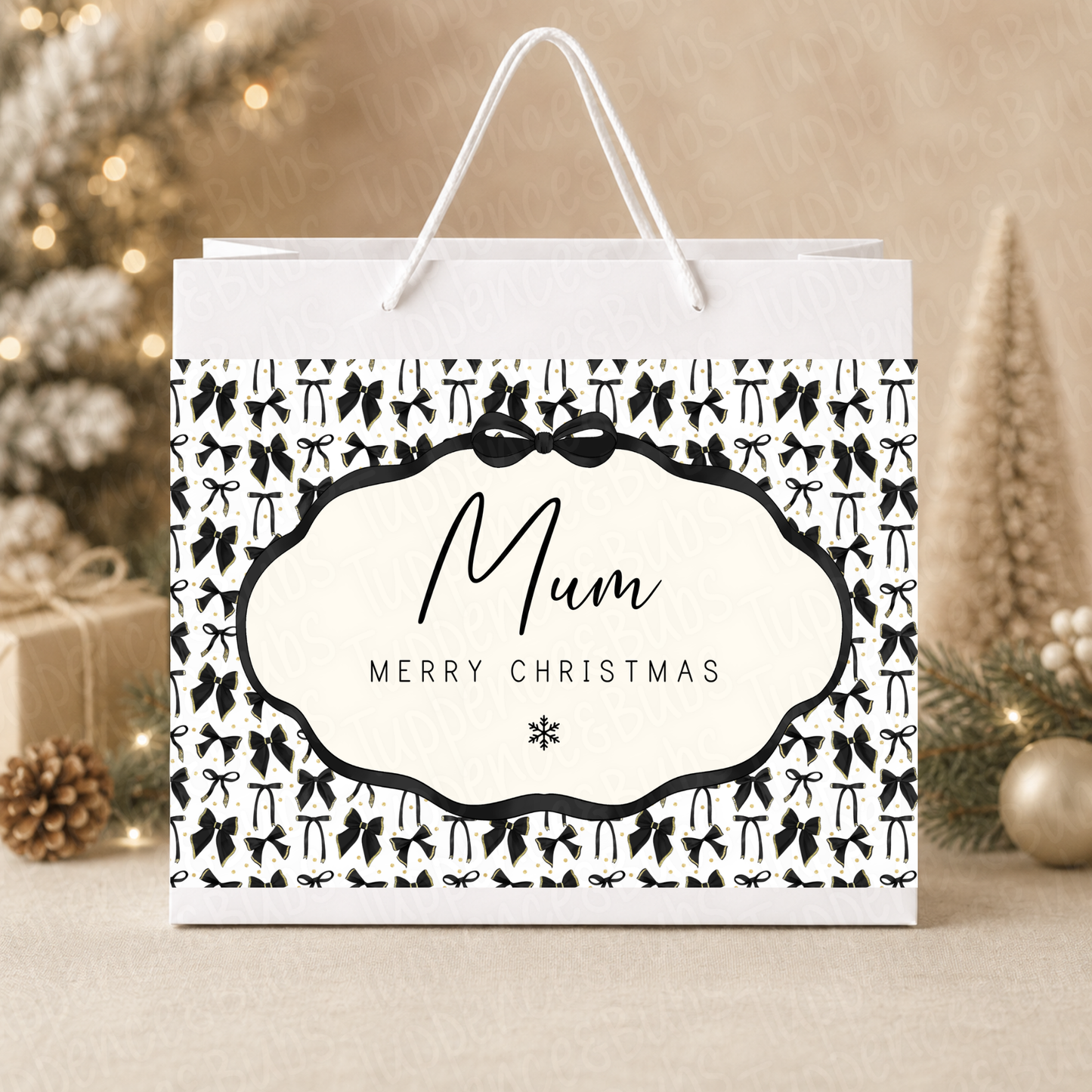 Personalised Mum Black Bow Christmas Gift Bag