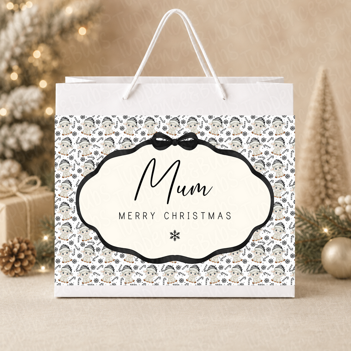 Personalised Black & White Baa Humbug Christmas Gift Bag
