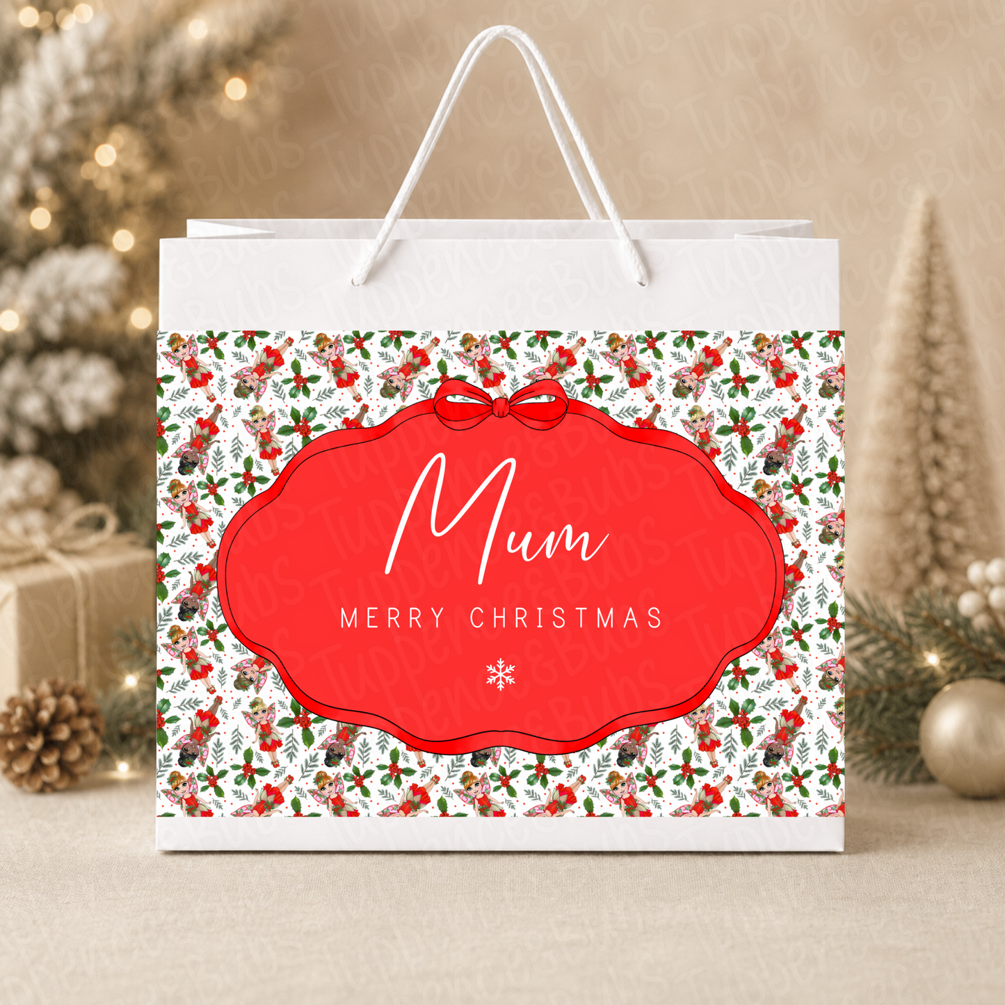 Personalised Red Holly Christmas Gift Bag