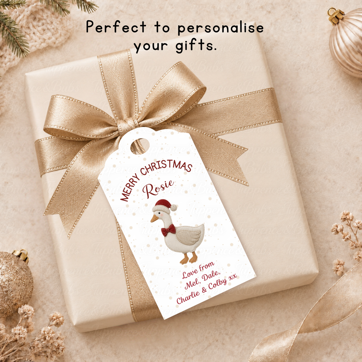 Personalised Christmas Goose Gift Tags – Pack of 6 with Twine