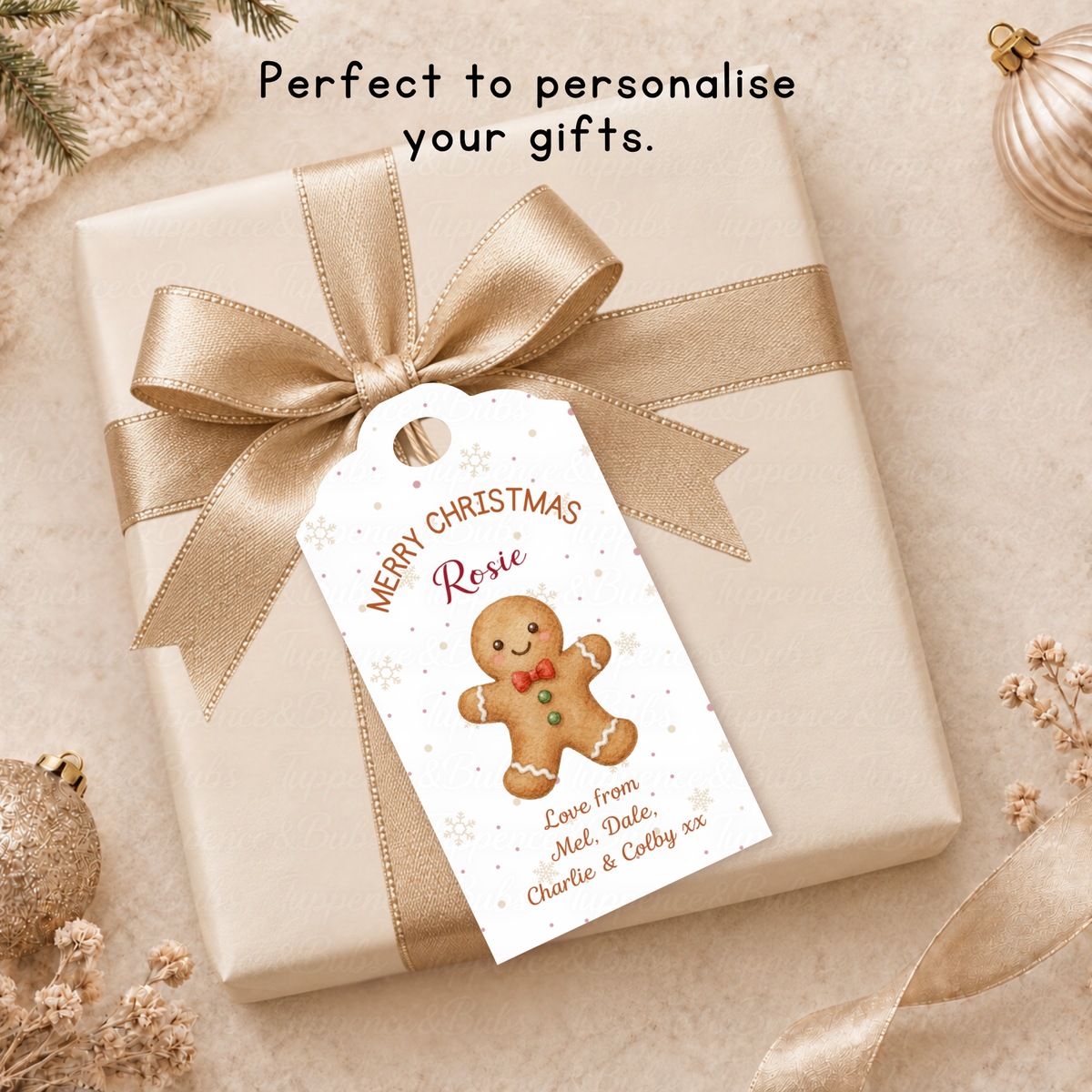 Personalised Gingerbread Man Christmas Gift Tags – Pack of 6 with Twine