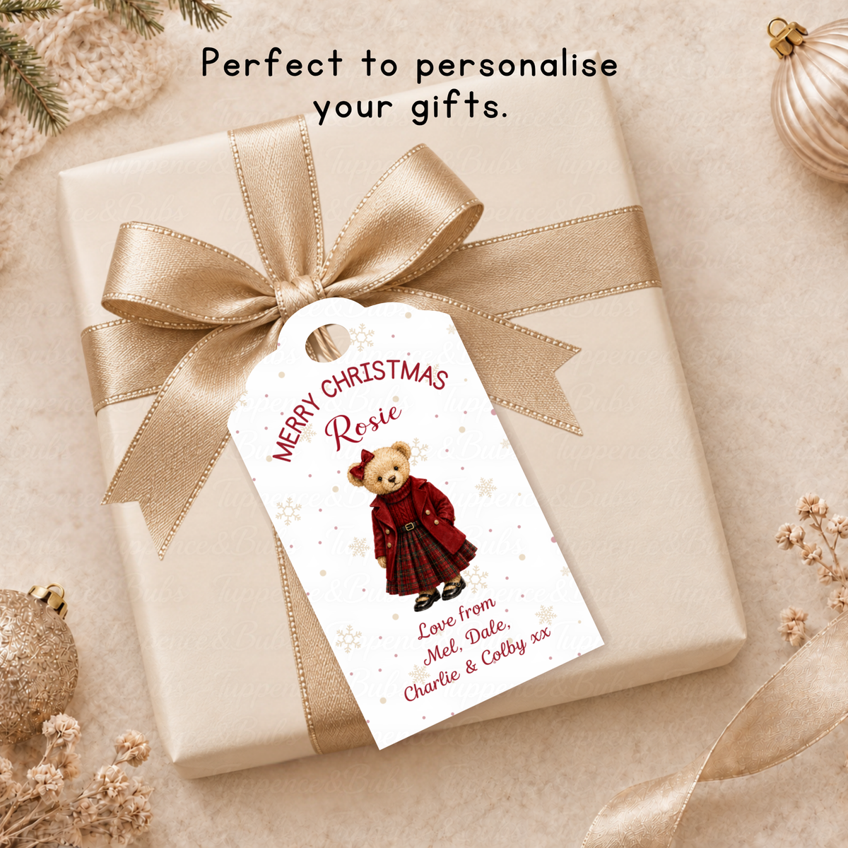 Personalised Red Tartan Teddy Bear Christmas Gift Tags – Pack of 6 with Twine